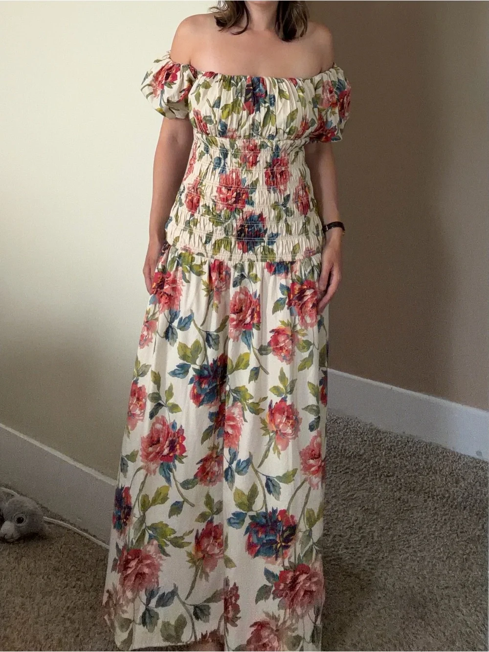 Abercrombie Floral Puff-Sleeve Midi Dress in Cream and Pink